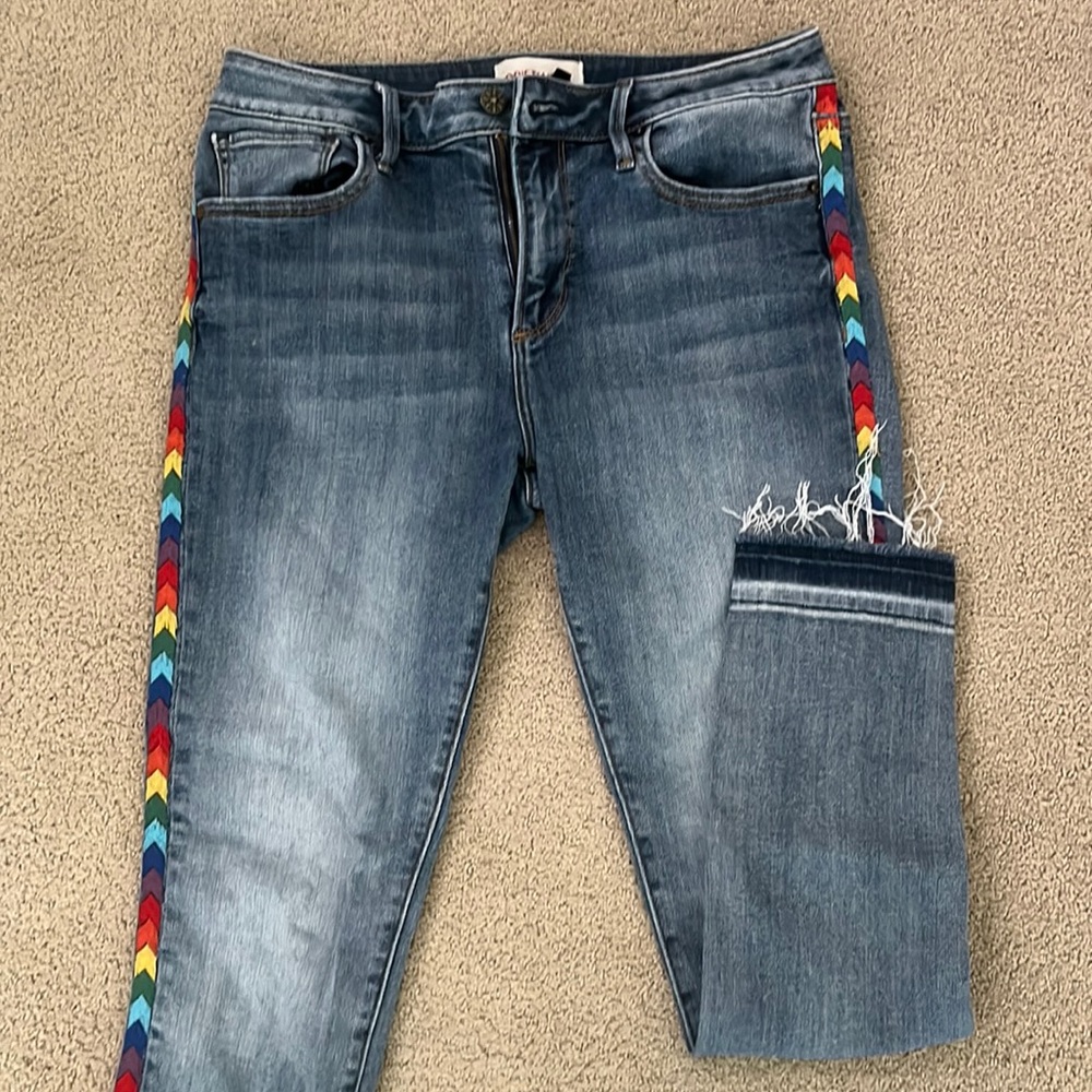 Driftwood Jackie embroidered rainbow strip jeans